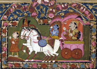 Arjuna et Krishna sur le char — peinture indienne, XVIIIe-XIXe s.